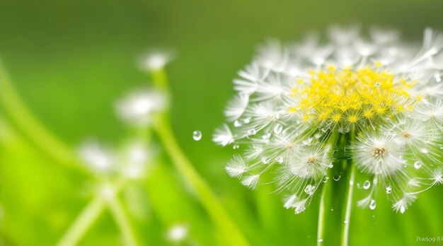 Gotas de água de dente-de-leão e flor na natureza para a primavera e fundo natural por Generative AI