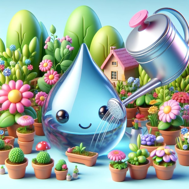 Gotas de água de desenho animado regando flores no jardim Dia Mundial da Educação Ambiental AI gerada
