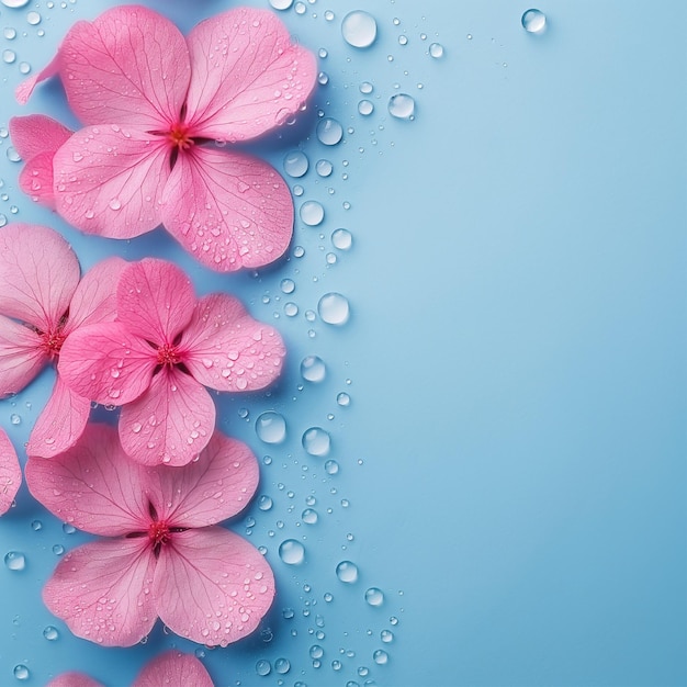 Foto gotas de água em flores cor-de-rosa fundo azul vazio