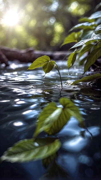 Gotas de água em folhas com fluxo de água em close shot