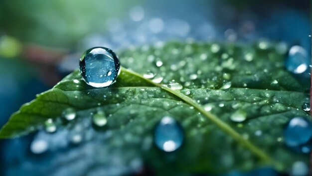 Gotas de água em folhas na natureza macro Muitas gotas de orvalho da manhã brilham à luz do sol