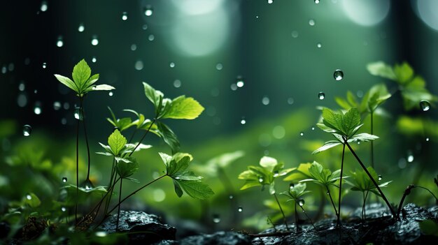 Gotas de água em folhas verdes frescas à luz do sol com floresta borrosa Bokeh CloseUp Beleza da natureza