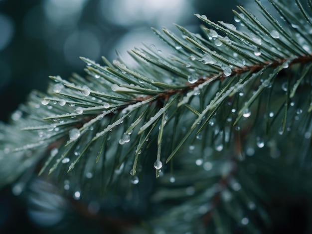 gotas de água em um pinheiro