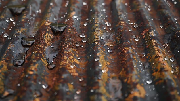 Foto gotas de água em um telhado de metal ondulado enferrujado