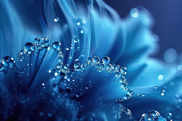 gotas de água em uma flor com um fundo azul