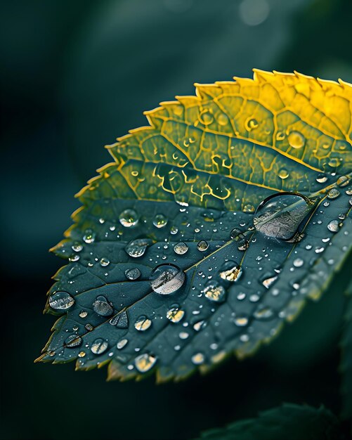 Gotas de água em uma folha fotografadas