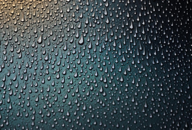 Gotas de água em uma janela, o céu azul é refletido nas gotas de chuva.