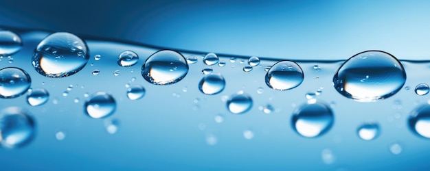 Gotas de água macroscópicas em água potável azul clara bandeira panorâmica Generative Ai