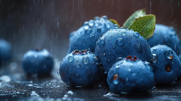 Gotas de água mirtilos em fundo escuro