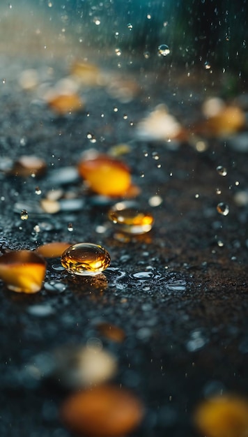 Gotas de água na estrada durante os dias chuvosos Fotografia urbana úmida de uma cena dramática filmada de perto