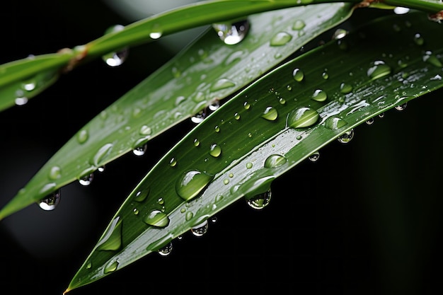 gotas de água nas folhas de uma planta de bambu