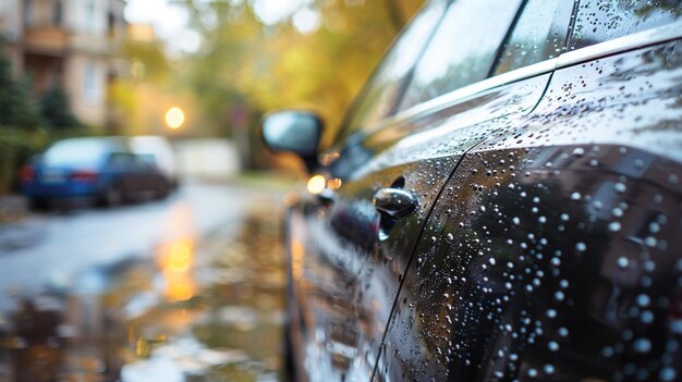 gotas de água no carro preto depois da chuva com fundo bokeh