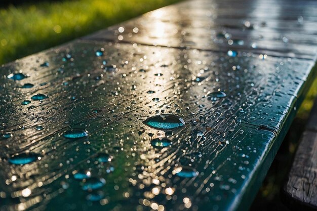 Gotas de água numa mesa de piquenique no parque