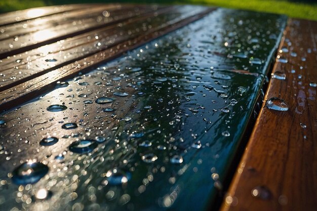 Gotas de água numa mesa de piquenique no parque