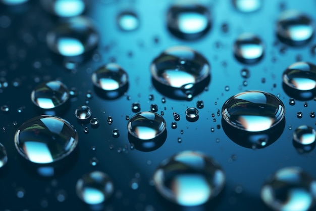 Gotas de água reflexivas em um fundo azul profundo com gradação e destaques