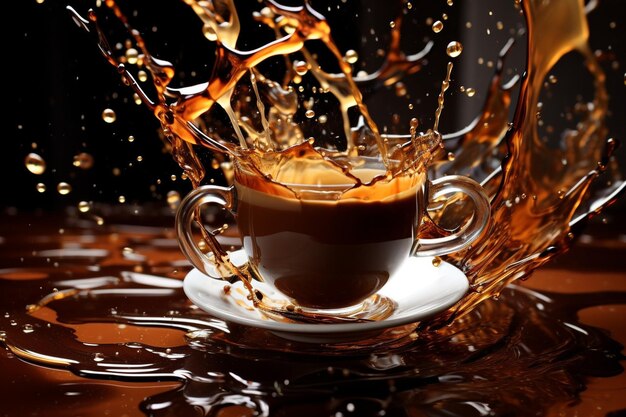 Gotas de café castanhas voam em torno de uma xícara em um salpico caótico, mas artístico