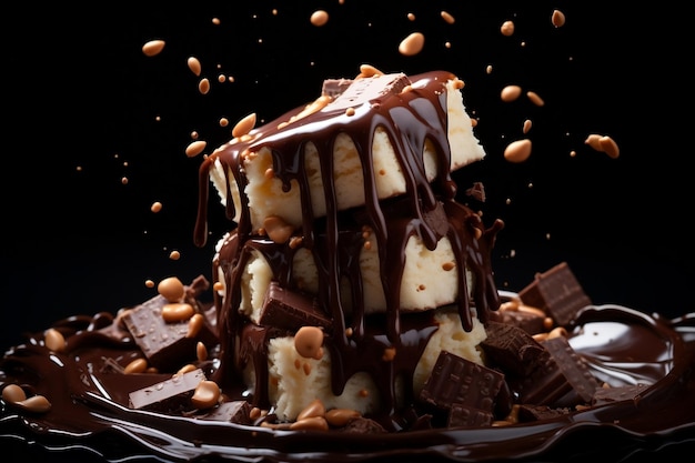 Gotas de chocolate caindo em uma mistura de calda de chocolate e leite IA geradora