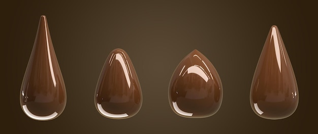 Foto gotas de chocolate com textura de gotejamento líquido conjunto de ícones de renderização 3d maquete realista de gotas de leite derretido creme marrom chocolate cacau caramelo ou xarope isolado em fundo escuro