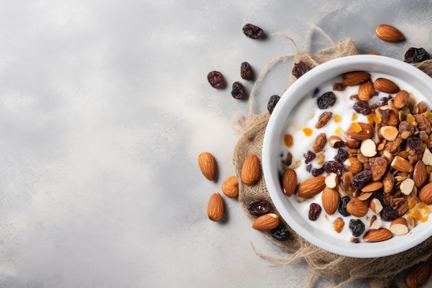 Gotas de chocolate de iogurte de granola e amêndoas em concreto cinzento vistas de cima para uma nutrição