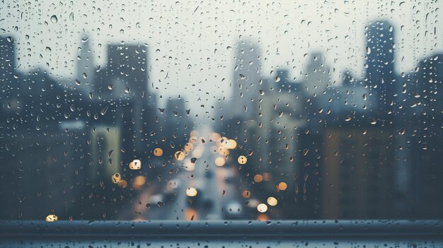 Gotas de chuva agarram-se a uma janela com um fundo borrado da paisagem urbana uma representação mal-humorada de