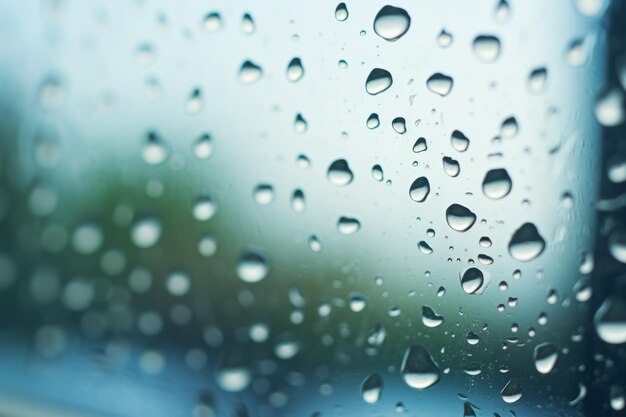 Gotas de chuva brilhantes caindo em cascata no carro de janela de vidro nebuloso e úmido ao ar livre durante