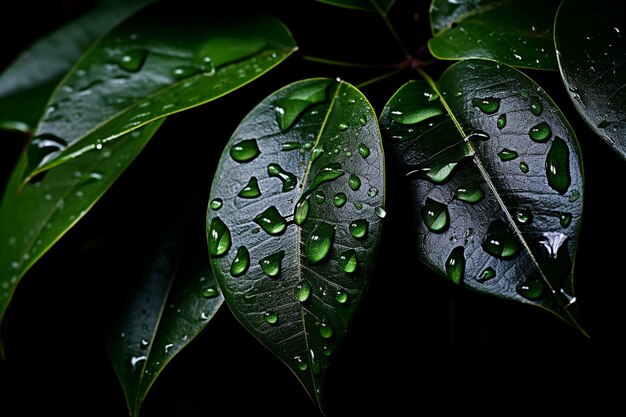Gotas de chuva brilhantes em folhas escuras contra um fundo preto profundo