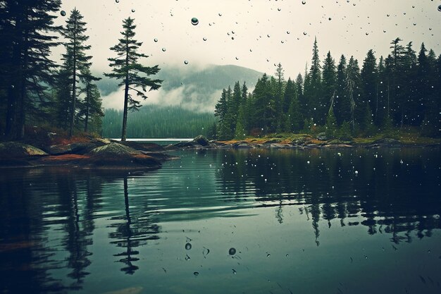 Gotas de chuva caindo em um lago calmo com reflexos de árvores