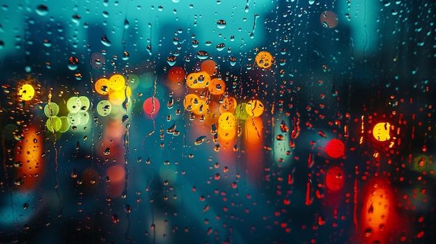 Foto gotas de chuva caindo em uma janela com luzes da cidade em fundo