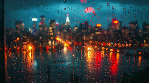 Gotas de chuva caindo em uma janela com luzes da cidade papel de parede