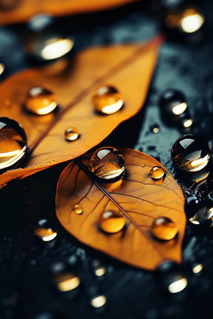 Gotas de chuva em folhas de outono laranja