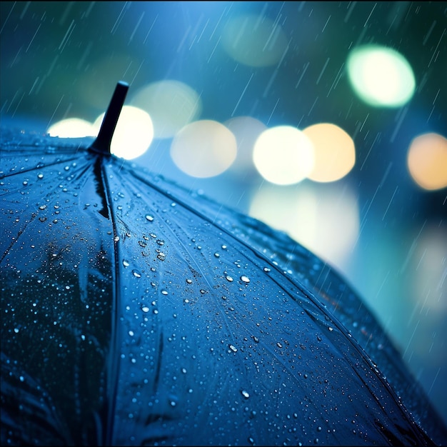 Gotas de chuva em guarda-chuva azul com fundo bokeh conceito de tempo chuvoso