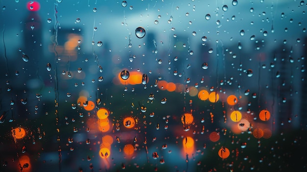 Gotas de chuva em uma janela com luzes da cidade