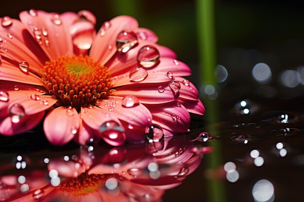 Foto gotas de chuva em uma pétala refletindo um jardim em flor