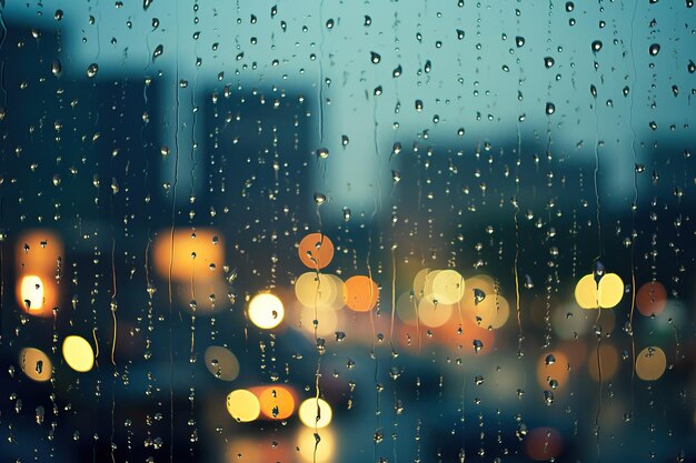 Gotas de chuva em vidro com efeito bokeh de fundo borrado da cidade