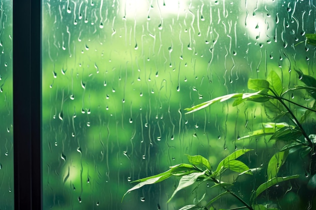 Gotas de chuva na janela com folhas verdes Foco seletivo