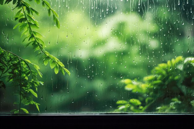 Gotas de chuva na janela com folhas verdes Foco seletivo