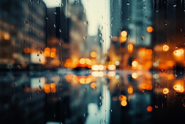 gotas de chuva na janela com luzes de bokeh da IA generativa de fundo da cidade