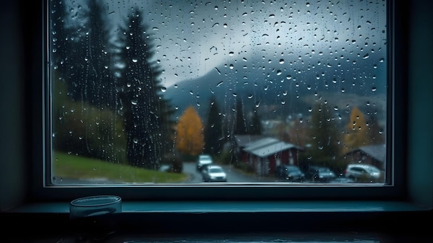 Gotas de chuva na janela com vista para a montanha na IA generativa de fundo