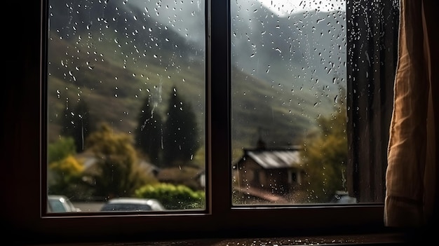 Gotas de chuva na janela com vista para a montanha na IA generativa de fundo