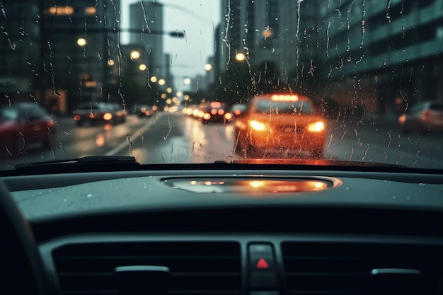 Gotas de chuva na janela do carro cidade no fundo bokeh IA geradora