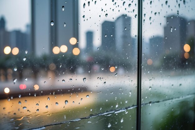 Gotas de chuva nas janelas com vista desfocada na cidade