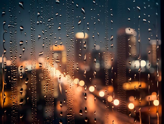 Gotas de chuva no vidro contra as luzes da noite da cidade