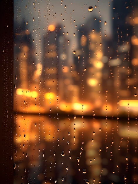 Gotas de chuva no vidro contra as luzes da noite da cidade