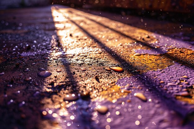 Gotas de chuva roxas em uma calçada de concreto ia geradora