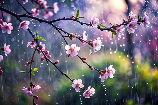 gotas de chuva suaves caindo sobre flores em flor e árvores em budding na primavera