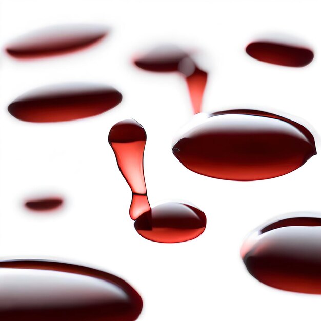 gotas de closeup de sangue vermelho isoladas em fundo branco abstrato