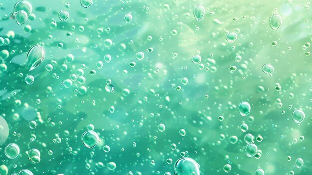 Gotas de condensação em fundo verde Reflexão de luz em gotas de água Bolhas borbulhantes Texturas úmidas abstratas espalhadas Bolhas de água puras padrão de fundo horizontal realista 3D moderno