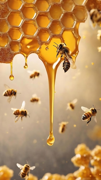Gotas de mel de abelha gotejando de colmeias hexagonais cheias de néctar dourado colmeias de verão composi