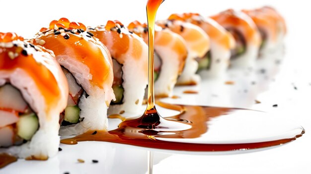 Gotas de molho de soja caem de um rolo de sushi fresco isolado em um fundo branco Generative Ai