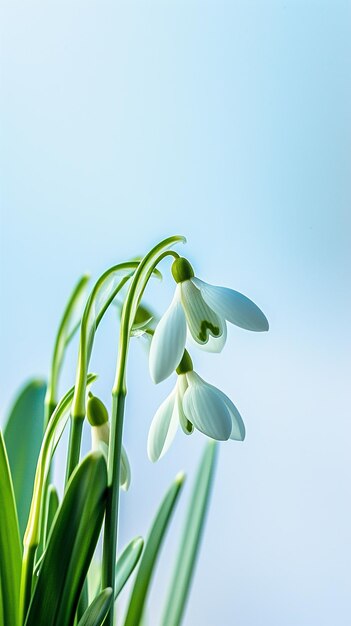 Gotas de neve de primavera em fundo azul